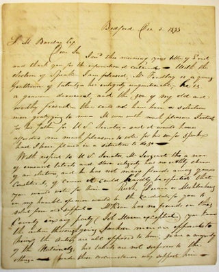 Item #36802 AUTOGRAPH LETTER SIGNED FROM BEDFORD, PA., 5 DECEMBER 1833, TO SAMUEL M. BARCLAY,...