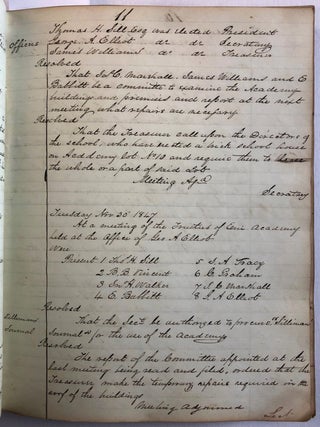 MANUSCRIPT BOOK OF MINUTES OF THE BOARD OF TRUSTEES OF THE ERIE ACADEMY, PENNSYLVANIA, DECEMBER 19, 1845 TO DECEMBER 6, 1867.