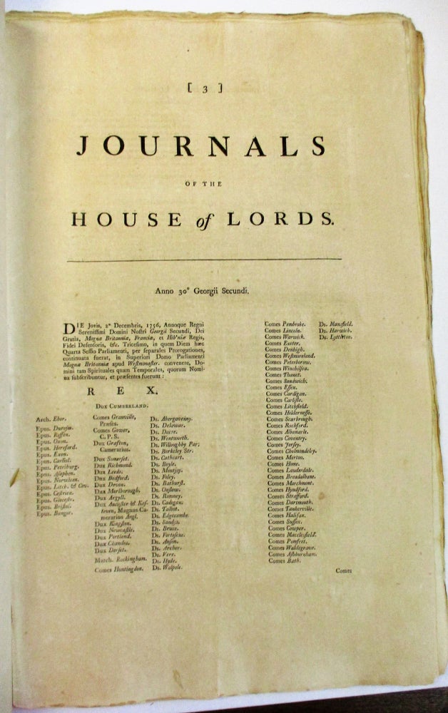 Item #36809 JOURNALS OF THE HOUSE OF LORDS, BEGINNING ANNO TRICESIMO GEORGII SECUNDI, 1756. VOL. XXIX. England.