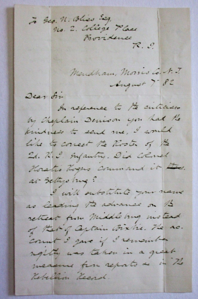 Item #36819 AUTOGRAPH LETTER SIGNED, 7 AUGUST 1882, TO GEORGE BLISS, REGARDING THE BATTLE OF GETTYSBURG. Abner Doubleday.