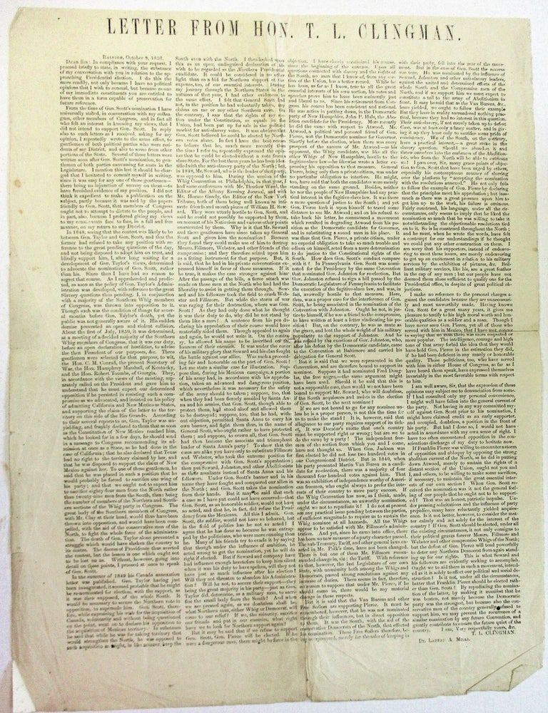 Item #36885 LETTER FROM HON. T.L. CLINGMAN. Thomas Lanier Clingman.