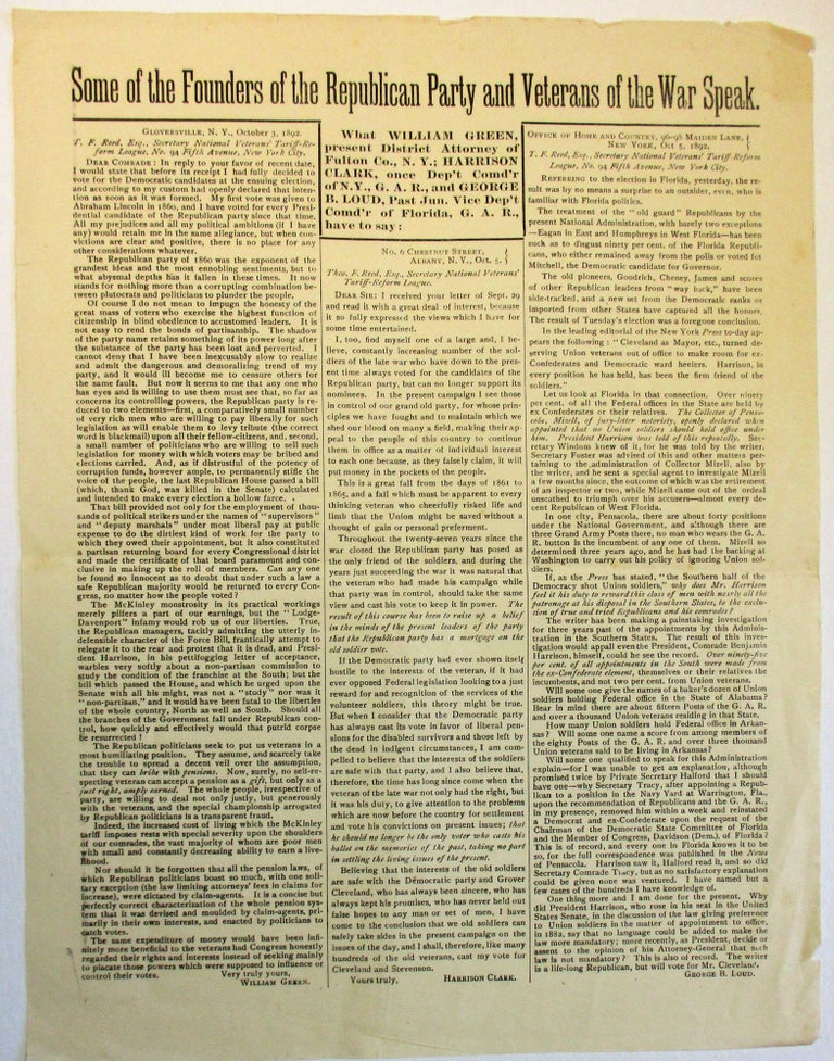 Item #36912 SOME OF THE FOUNDERS OF THE REPUBLICAN PARTY AND VETERANS OF THE WAR SPEAK. Election of 1892.