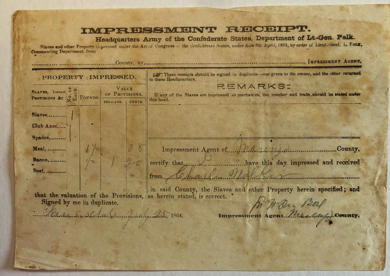 Item #37080 PRINTED DOCUMENT SIGNED BY CAPTAIN WILLARD LINCOLN, COMPANY H, 19TH REGIMENT MAINE INFANTRY VOLUNTEERS, 7 JULY 1864, CERTIFYING THAT, FOR THE PERIOD 1 MAY - 30 JUNE 1864, HE IS ENTITLED TO PAYMENT FOR "BEN. WILSON, COLORED," HIS "PRIVATE SERVANT NOT SOLDIER." Civil War.