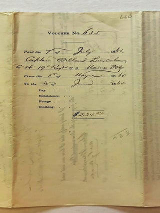 PRINTED DOCUMENT SIGNED BY CAPTAIN WILLARD LINCOLN, COMPANY H, 19TH REGIMENT MAINE INFANTRY VOLUNTEERS, 7 JULY 1864, CERTIFYING THAT, FOR THE PERIOD 1 MAY - 30 JUNE 1864, HE IS ENTITLED TO PAYMENT FOR "BEN. WILSON, COLORED," HIS "PRIVATE SERVANT NOT SOLDIER."