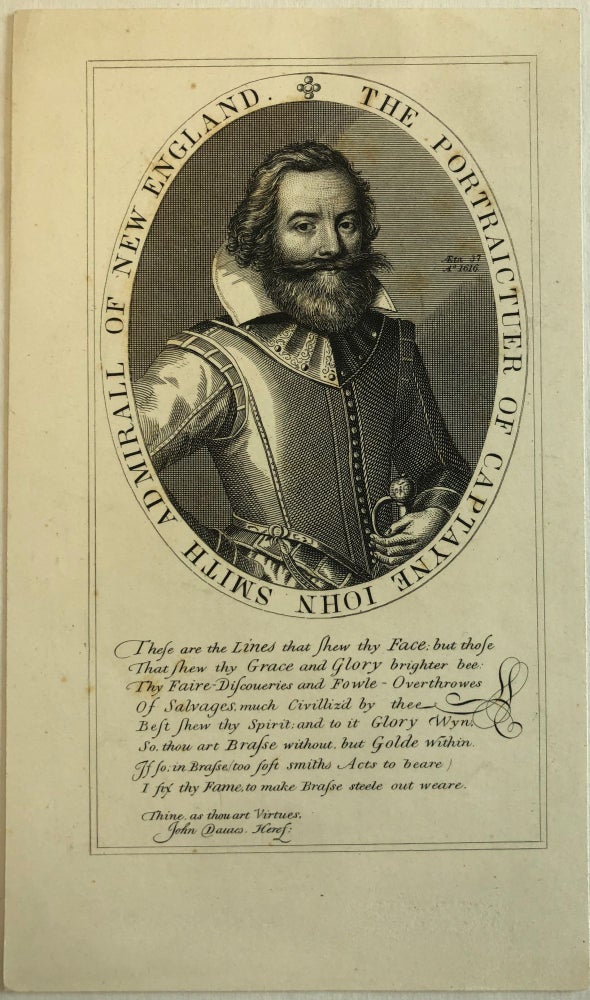 Item #37116 ETCHING AND ENGRAVING FROM CAPTAIN JOHN SMITH'S 1616 MAP OF NEW ENGLAND: "THE PORTRAICTUER OF CAPTAYNE JOHN SMITH ADMIRALL OF NEW ENGLAND" John Smith.