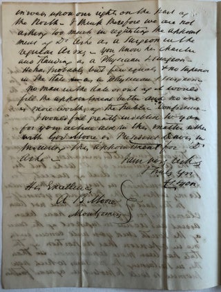 AUTOGRAPH LETTER SIGNED, FROM F.S. LYON OF DEMOPOLIS, TO GOVERNOR A.B. MOORE, 4 MARCH 1861, RECOMMENDING THE APPOINTMENT OF DR. WILLIAM C. ASHE AS SURGEON TO THE REGIMENT WITH RANK OF MAJOR.