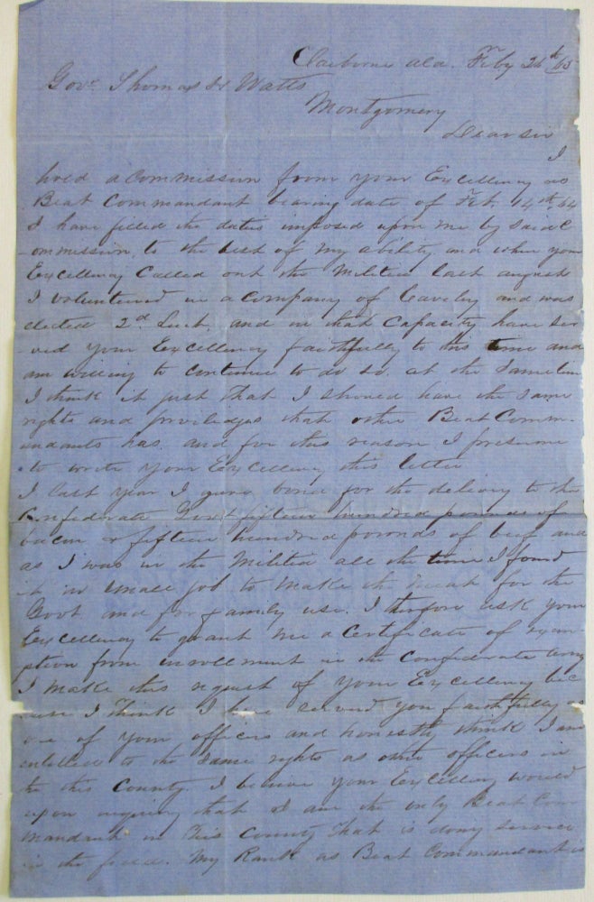 Item #37121 AUTOGRAPH LETTER SIGNED, FROM CLAIBORNE ALABAMA, 21 FEBRUARY 1865, TO GOVERNOR THOMAS WATTS, SEEKING ADVANCEMENT IN THE ARMY AS A BEAT COMMANDANT. Jonathan English.