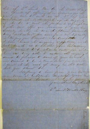 AUTOGRAPH LETTER SIGNED, FROM CLAIBORNE ALABAMA, 21 FEBRUARY 1865, TO GOVERNOR THOMAS WATTS, SEEKING ADVANCEMENT IN THE ARMY AS A BEAT COMMANDANT.