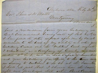 AUTOGRAPH LETTER SIGNED, FROM CLAIBORNE ALABAMA, 21 FEBRUARY 1865, TO GOVERNOR THOMAS WATTS, SEEKING ADVANCEMENT IN THE ARMY AS A BEAT COMMANDANT.