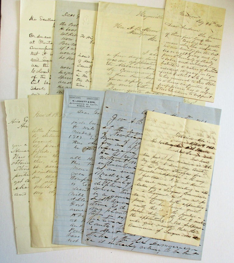 Item #37123 NINE LETTERS, ENTIRELY IN INK MANUSCRIPT, TO ALABAMA GOVERNOR ANDREW B. MOORE, DURING JANUARY - APRIL 1861, SEEKING APPOINTMENTS TO OFFICES IN ALABAMA'S POST-SECESSION GOVERNMENT. Alabama in the Confederacy.