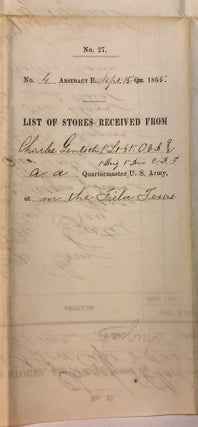 LIST OF QUARTERMASTER STORES, &C. TRANSFERRED BY CHARLES GENTSCH, 1ST LIEUT. , 51ST U.S. ARMY, TO LEANDER A. POOR, CAPT. & ASST. QUARTERMASTER 1ST DIV. C.D.J. AT IN THE FIELD, TEXAS, ON THE 15TH DAY OF SEPTEMBER, 1865. . . SIX THOUSAND SIX HUNDRED & TWENTY PDS CORN. . . EIGHT THOUSAND THREE HUNDRED & TWENTY PDS OATS. . . TWELVE THOUSAND PDS HAY. . . ONE HUNDRED AND ONE PDS GRAIN SACKS. . . &C.