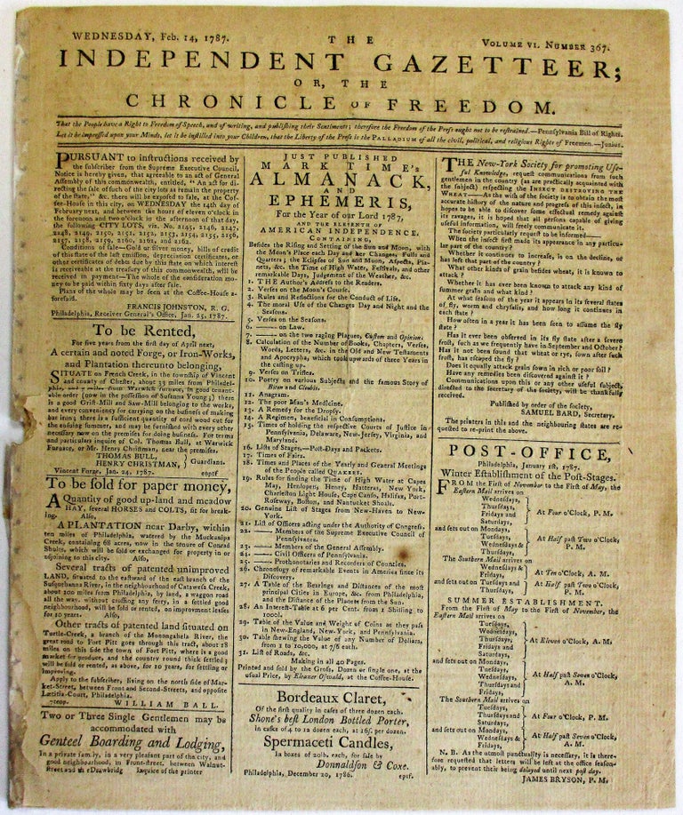 Item #37219 EIGHT 1787 ISSUES OF THE INDEPENDENT GAZETTEER; OR, THE CHRONICLE OF FREEDOM. Eleazer Oswald.