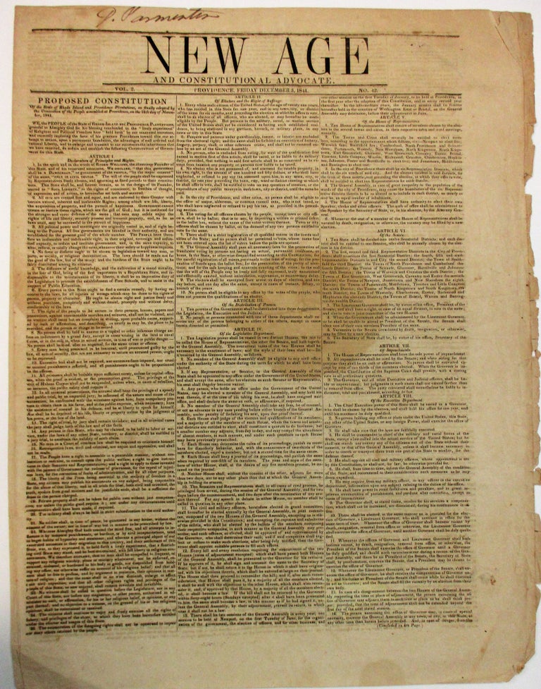 Item #37248 NEW AGE AND CONSTITUTIONAL ADVOCATE. PROVIDENCE, FRIDAY DECEMBER 3, 1841. VOL. 2. NO. 42. Peoples Constitution.
