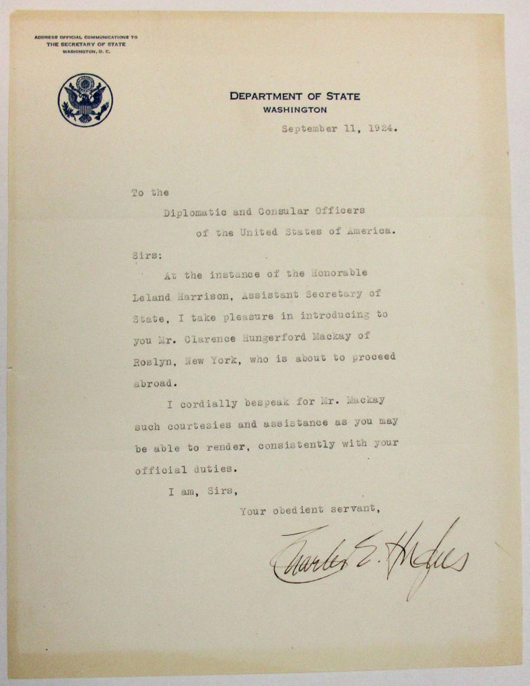 Item #37276 TYPED LETTER SIGNED AS SECRETARY OF STATE, 11 SEPTEMBER 1924, "TO THE DIPLOMATIC AND CONSULAR OFFICERS OF THE UNITED STATES OF AMERICA" Charles Evans Hughes.