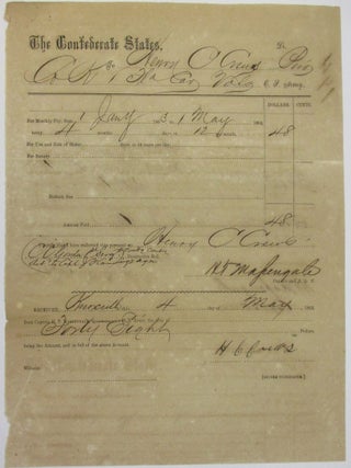 PRINTED DOCUMENT, COMPLETED IN MANUSCRIPT, AWARDING $48 PAY TO PRIVATE HENRY C. CREWS OF COMPANY K, 1ST FLORIDA CAVALRY VOLUNTEERS, FOR THE PERIOD 1 JANUARY 1863 TO 1 MAY 1863. SIGNED BY PRIVATE CREWS AND H.T. MASSENGALE, CAPTAIN AND A.Q.M., AT KNOXVILLE, 4 MAY, 1863.