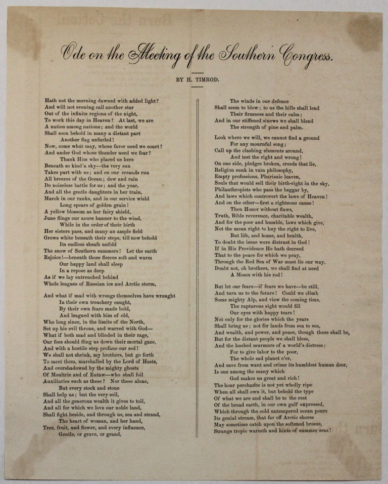 Item #37365 ODE ON THE MEETING OF THE SOUTHERN CONGRESS. Timrod, enry.