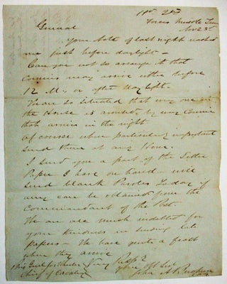 Item #37395 AUTOGRAPH LETTER SIGNED FROM "HD. QTRS FORCES MIDDLE TENN. NOV. 23RD" [1862]. LT....