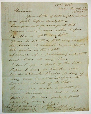 Item #37395 AUTOGRAPH LETTER SIGNED FROM "HD. QTRS FORCES MIDDLE TENN. NOV. 23RD"...
