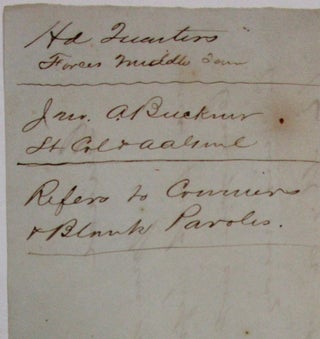 AUTOGRAPH LETTER SIGNED FROM "HD. QTRS FORCES MIDDLE TENN. NOV. 23RD" [1862]. LT. COL. BUCKNER, GENERAL JOHN BRECKINRIDGE'S AAG, URGES BRIGADIER GENERAL AND CHIEF OF CAVALRY JOSEPH WHEELER TO "SO ARRANGE IT THAT COURIERS MAY ARRIVE EITHER BEFORE 12 M. OR AFTER DAY LIGHT. WE ARE SO SITUATED THAT EVERY ONE IN THE HOUSE IS AROUSED BY ANY COURIER THAT ARRIVES IN THE NIGHT. OF COURSE WHEN PARTICULARLY IMPORTANT SEND THEM AT ANY HOUR."