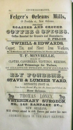 COHEN'S NEW ORLEANS AND LAFAYETTE DIRECTORY, INCLUDING CARROLLTON, CITY OF JEFFERSON, ALGIERS, GRETNA AND M'DONOGH, FOR 1851, CONTAINING TWENTY-SEVEN THOUSAND NAMES. ALSO, A STREET AND LEVEE GUIDE, AND OTHER USEFUL INFORMATION, WHICH WILL BE SEEN BY THE TABLE OF CONTENTS. SUBSCRIPTION THREE DOLLARS AND FIFTY CENTS.