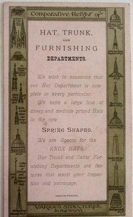 BAUM & BERNSTEIN'S SPRING ANNOUNCEMENT. 1885. THE WASHINGTON MONUMENT. HEIGHT 555 FT. COST $1.187.710. CORNER STONE LAID JULY 4, 1848. CAP STONE SET DEC. 6, 1884...
