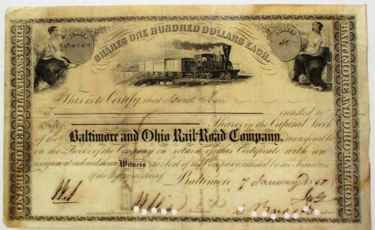 Item #37511 ENGRAVED BALTIMORE & OHIO RR STOCK CERTIFICATE CERTIFYING ISRAEL COHEN'S OWNERSHIP OF FIFTY SHARES OF THE COMPANY'S CAPITAL STOCK, 7 JANUARY 1858. Judaica, Israel Cohen.