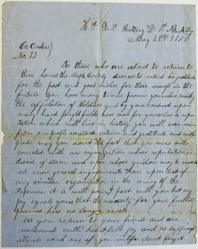 Item #37533 MANUSCRIPT FAREWELL ORDER TO HIS TROOPS, SIGNED BY JAMES B. HAZELTON, COMMANDER OF BATTERY D, 1ST NEW YORK ARTILLERY, 28 MAY 1865. James B. Hazelton.