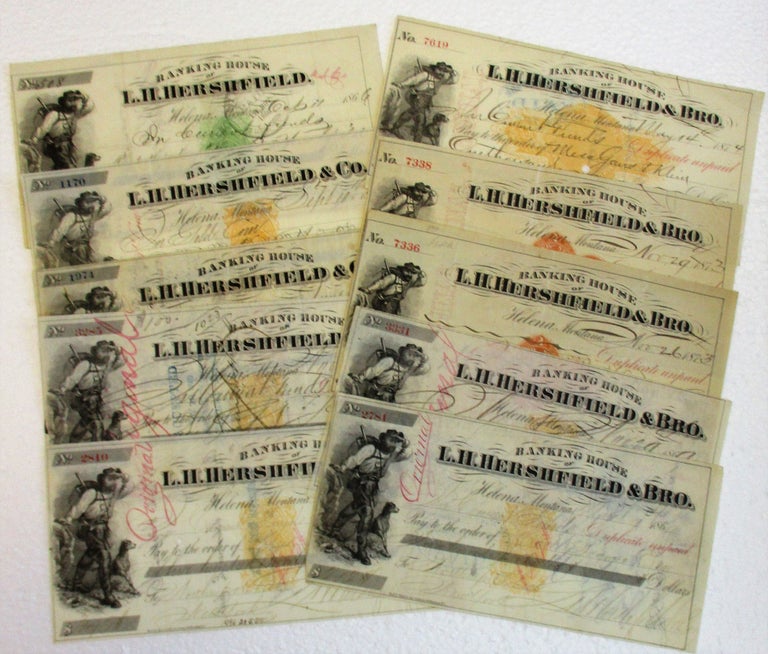 Item #37546 TEN ENGRAVED AND ILLUSTRATED BANK CHECKS FROM THE BANKING HOUSE OF AN AMERICAN JEWISH PIONEER WESTERN BANKER, ALL WITH U.S. REVENUE STAMPS AND SIGNED BY L.H. HERSHFIELD OR HIS BROTHER AND PARTNER AARON HERSHFIELD. L. H. Hershfield.