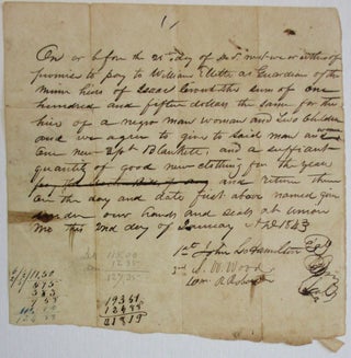 Item #37550 PROMISSORY NOTE IN WHICH JOHN L. HAMILTON, S.W. WOOD, AND WM. A. ROBERTSON PROMISE TO...