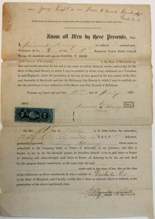 Item #37645 PRINTED POWER OF ATTORNEY, COMPLETED IN MANUSCRIPT, BY JAMES HENRY, "AN ENLISTED FREE...