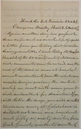 Item #37649 AUTOGRAPH LETTER, SIGNED, FROM UNION GENERAL McLEAN TO HIS WIFE WHILE IN THE FIELD ON...