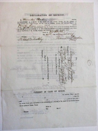 VOLUNTEER ENLISTMENT. STATE OF LOUISIANA, CITY OF NEW ORLEANS. I HAMILTON HADEN BORN IN PICKENS COUNTY IN THE STATE OF ALABAMA AGED TWENTY FOUR YEARS, AND BY OCCUPATION A FARMER DO HEREBY ACKNOWLEDGE TO HAVE VOLUNTEERED THIS TWENTY-FIFTH DAY OF MARCH 1864, TO SERVE AS A SOLDIER IN THE ARMY OF THE UNITED STATES OF AMERICA, FOR THE DEFENCES OF NEW ORLEANS...