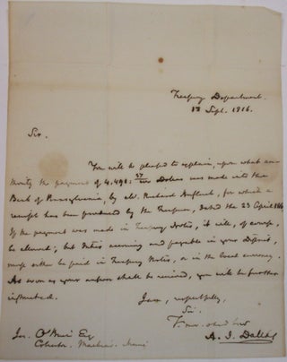 Item #37840 TREASURY DEPARTMENT | 18 SEPT. 1816. | SIR. | YOU WILL BE PLEASED TO EXPLAIN, UPON...