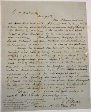 Item #37894 AUTOGRAPH LETTER SIGNED, FROM V.E. PIOLLET TO JOHN HASTINGS, CONCERNING THE...