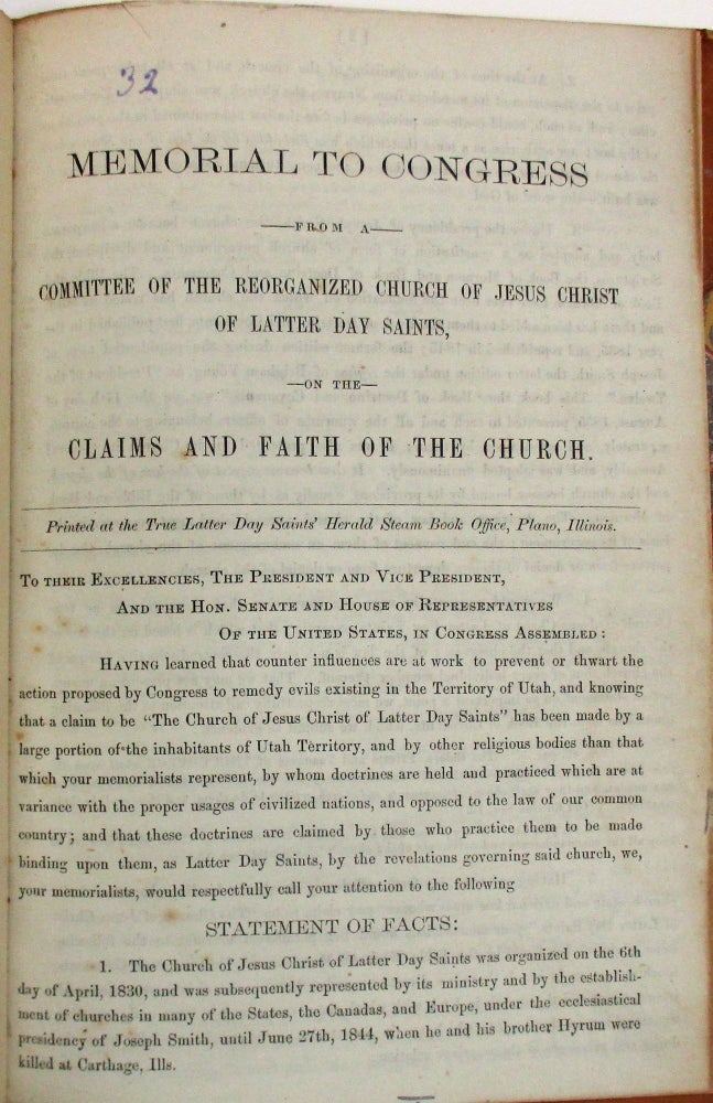 Item #37923 MEMORIAL TO CONGRESS FROM A COMMITTEE OF THE REORGANIZED CHURCH OF JESUS CHRIST OF LATTER DAY SAINTS, ON THE CLAIMS AND FAITH OF THE CHURCH. Mormons.