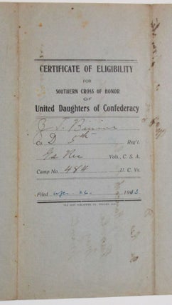 "TO THE UNITED DAUGHTERS OF THE CONFEDERACY: THE UNDERSIGNED, RESIDING AT MACON GA WHO IS AN EX-CONFEDERATE SOLDIER AND A MEMBER OF CAMP NO. 484 U.C.VS., HEREBY, AT YOUR REQUEST, PRESENTS THIS CERTIFICATE OF ELIGIBILITY FOR A CONFEDERATE CROSS OF HONOR. HE ENTERED THE SERVICE OF THE CONFEDERATE STATES ON THE 6TH DAY OF MAY, 1864, AS A PRIVATE IN COMPANY D OF THE 5TH REGIMENT OF GA RESERVES VOLUNTEERS, C.S.A., AND WAS AT THAT TIME A RESIDENT OF HANCOCK CO., GA. HE WAS HONORABLY DISCHARGED FROM SAID SERVICE BY PAROLE ON ABOUT THE 15TH DAY OF MAY, 1865, AT WHICH TIME HE HELD THE RANK OF PRIVATE. "RESPECTFULLY, Z.T. BINION "WE ENDORSE THE ABOVE CERTIFICATE. | W.J. PARKER| C.M. WILEY| "MEMBERS CAMP NO. 484, UNITED CONFEDERATE VETERANS "APPROVED BY ORDER OF AB. F. JONES| COMMANDER CAMP NO. 484 UNITED CONFEDERATE VETERANS. "W.A. POE ADJUTANT."