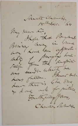 Item #37959 AUTOGRAPH LETTER, SIGNED, FROM THE U.S. SENATE CHAMBER, 15 DECEMBER 1865, TO AN...