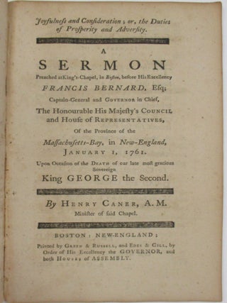 Item #37985 JOYFULNESS AND CONSIDERATION; OR, THE DUTIES OF PROSPERITY AND ADVERSITY. A SERMON...