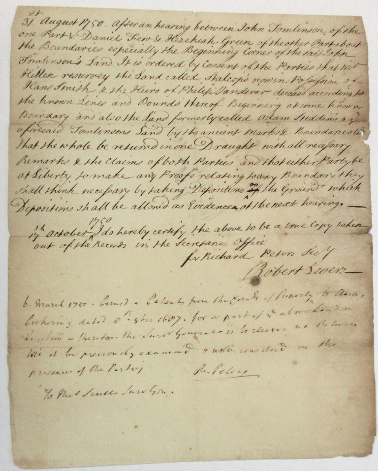 Item #38015 DOCUMENT, A PORTION SIGNED BY PETERS AND A PORTION BY HIS SECRETARY, CONCERNING THE LITIGATION AND SETTLEMENT OF A DISPUTE OVER THE BOUNDARIES OF JOHN TOMLINSON'S LAND. Richard Peters.