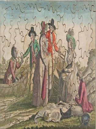 Item #38153 57 PIECE JIGSAW PUZZLE, LATE 18TH CENTURY, DEPICTING A PICNIC SCENE OF FIVE...
