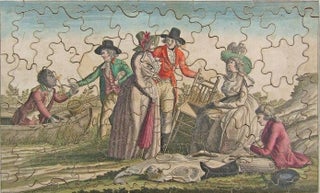 57 PIECE JIGSAW PUZZLE, LATE 18TH CENTURY, DEPICTING A PICNIC SCENE OF FIVE ARISTOCRATIC CHARACTERS PREPARING TO PICNIC ON SHORE. A BLACK SERVANT OR SLAVE IS IN THE ROWBOAT WHICH IS TIED TO THE TREE ON SHORE; HE IS HANDING A BOTTLE TO ONE OF THE MEN. ONE MAN IS SEATED ON THE GROUND WHILE HIS LADY IS SEATED ON A CHAIR BY HIS SIDE. A SECOND MAN IS SETTING UP A CHAIR FOR HIS LADY.