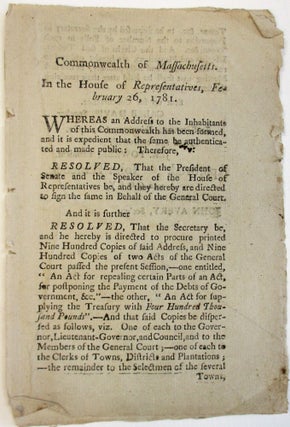 Item #38169 AN ADDRESS OF THE LEGISLATURE TO THE INHABITANTS OF THE COMMONWEALTH OF...