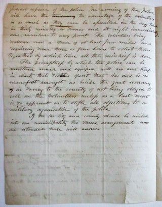 MANUSCRIPT LETTER, UNSIGNED, TO "HON. FINLETTER" AT HARRISBURG, EXPLAINING THAT THE POLICE OF THE CITY AND COUNTY OF PHILADELPHIA "SHOULD HAVE A MILITARY ORGANIZATION."