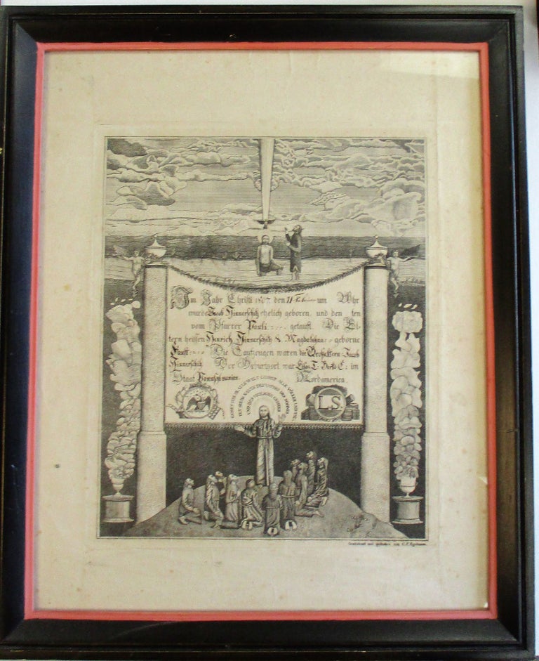Item #38211 ENGRAVED, ILLUSTRATED BAPTISM CERTIFICATE IN GERMAN LANGUAGE ANNOUNCING THE BIRTH OF JACOB HINNERSCHITZ ON 11 FEBRUARY 1807, SON OF HEINRICH AND MAGDALEHNA HINNERSCHITZ, IN BERKS COUNTY PENNSYLVANIA. German-American Baptism Certificate.
