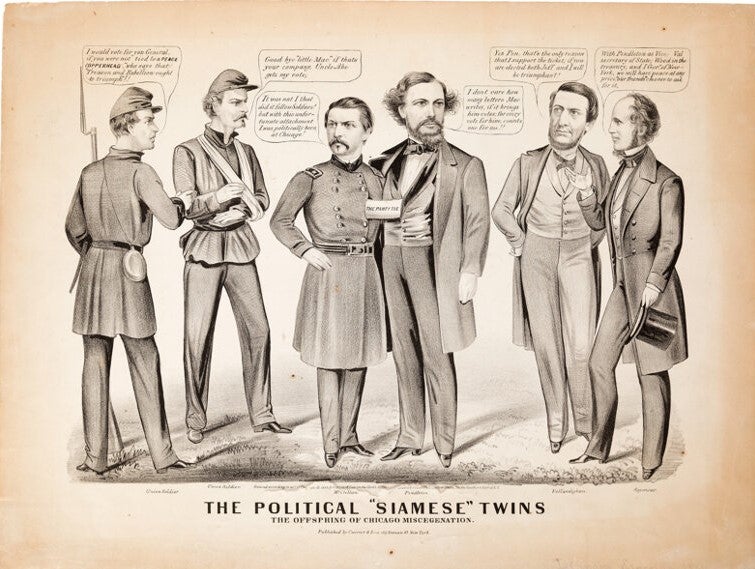 Item #38245 THE POLITICAL "SIAMESE" TWINS. THE OFFSPRING OF CHICAGO MISCEGENATION. Election of 1864.