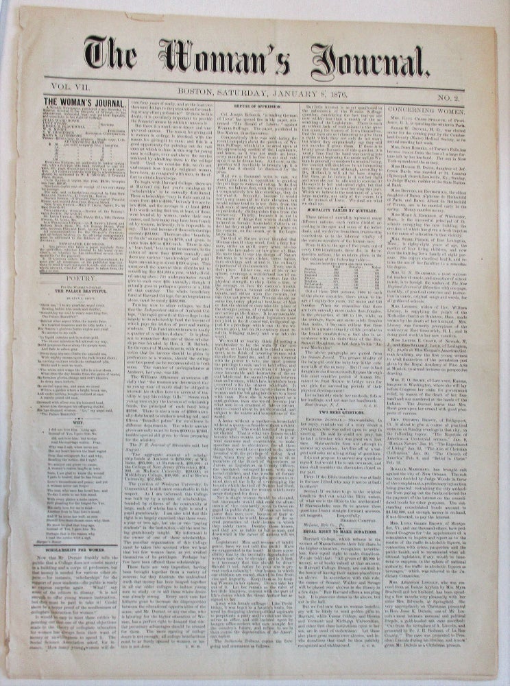 Item #38264 THE WOMAN'S JOURNAL. VOL. VII. NO. 2. BOSTON, SATURDAY, JANUARY 8, 1876. Julia Ward Howe.