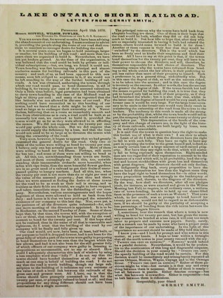 Item #38355 LAKE ONTARIO SHORE RAILROAD. LETTER FROM GERRIT SMITH. PETERBORO APRIL 13TH 1870....