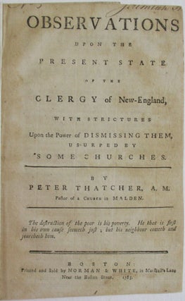 Item #38431 OBSERVATIONS UPON THE PRESENT STATE OF THE CLERGY OF NEW-ENGLAND, WITH STRICTURES...