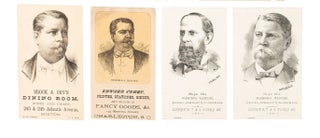 Item #38509 TWELVE ILLUSTRATED CABINET CARDS ADVERTISING VARIOUS MERCHANTS, WITH PORTRAITS OF...