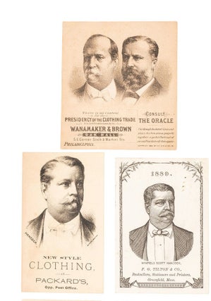 TWELVE ILLUSTRATED CABINET CARDS ADVERTISING VARIOUS MERCHANTS, WITH PORTRAITS OF 1880 DEMOCRATIC PRESIDENTIAL CANDIDATES HANCOCK AND/OR HIS RUNNING MATE WILLIAM ENGLISH OF INDIANA.